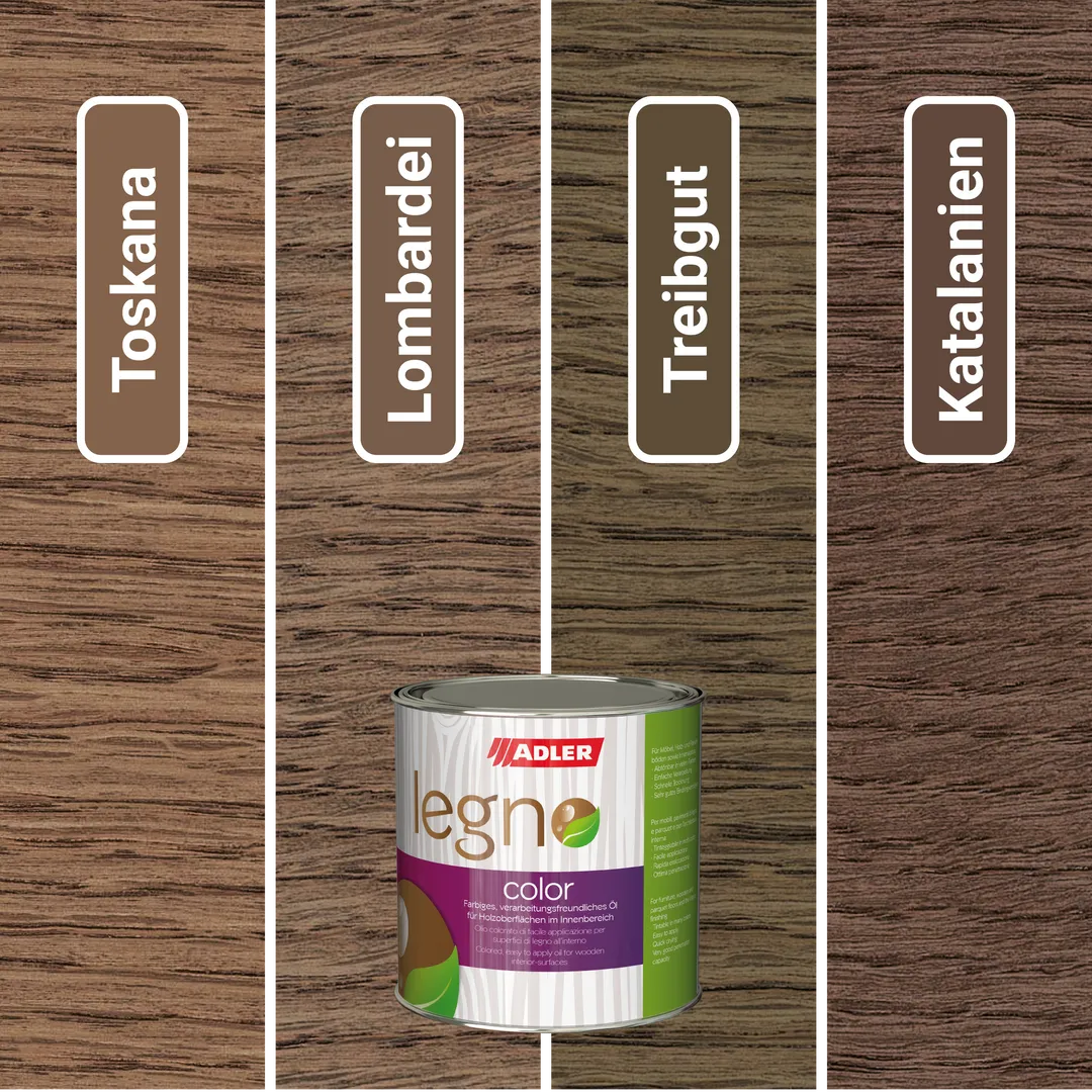 Виберіть ідеальний відтінок з оліями для деревини Legno-Color: Lombardei, Toskana, Katalanien та Treibgut!