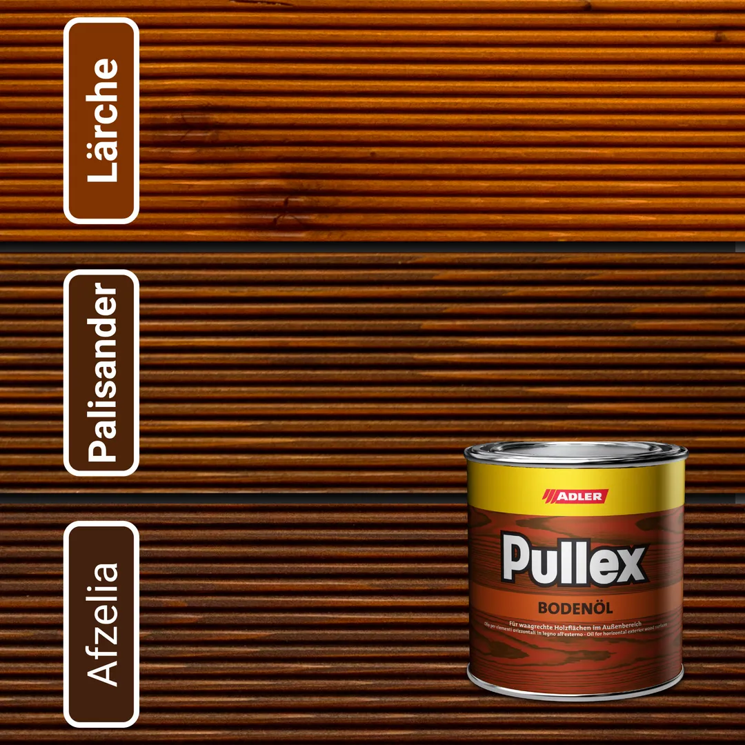 Класичні кольори олії Pullex Bodenöl для вашої тераси: Larche, Palisander та Afzelia